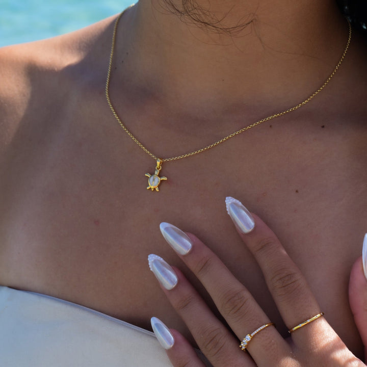 Gold Vermeil Turtle Necklace:  Lab-Grown White Opal