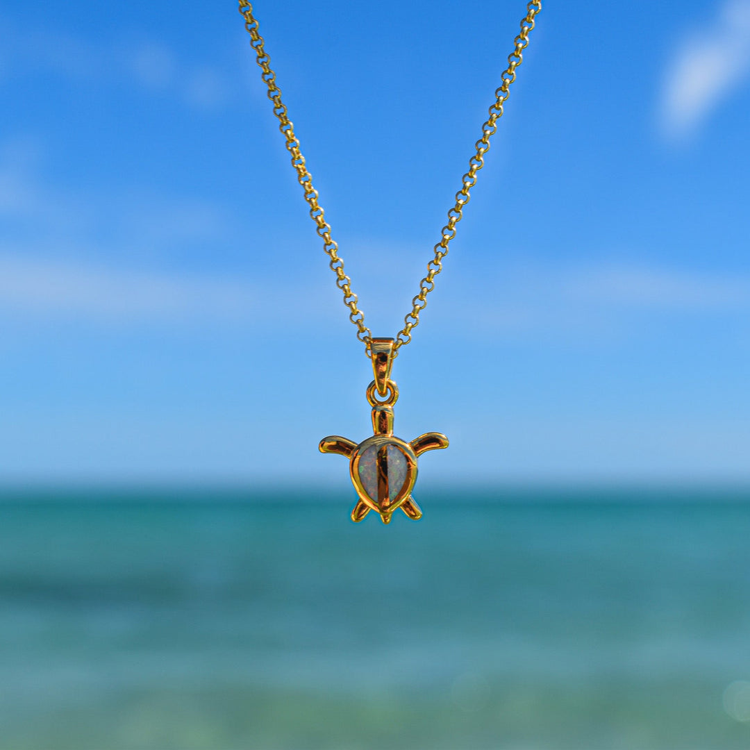 Gold Vermeil Turtle Necklace:  Lab-Grown White Opal