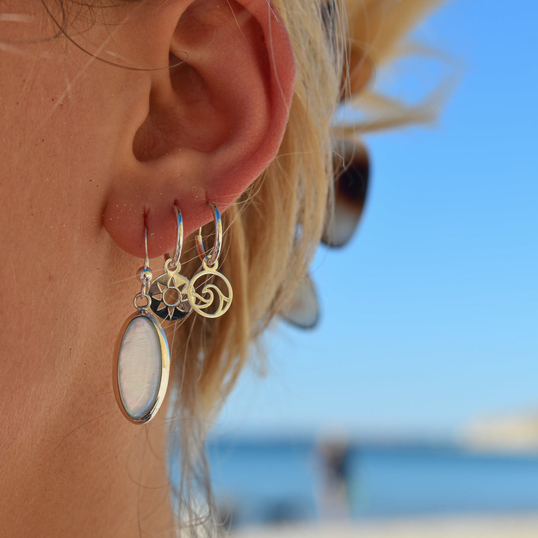 mother of pearl earrings, wave hoops, sun hoops, ocean lover earrings, pearl jewellery