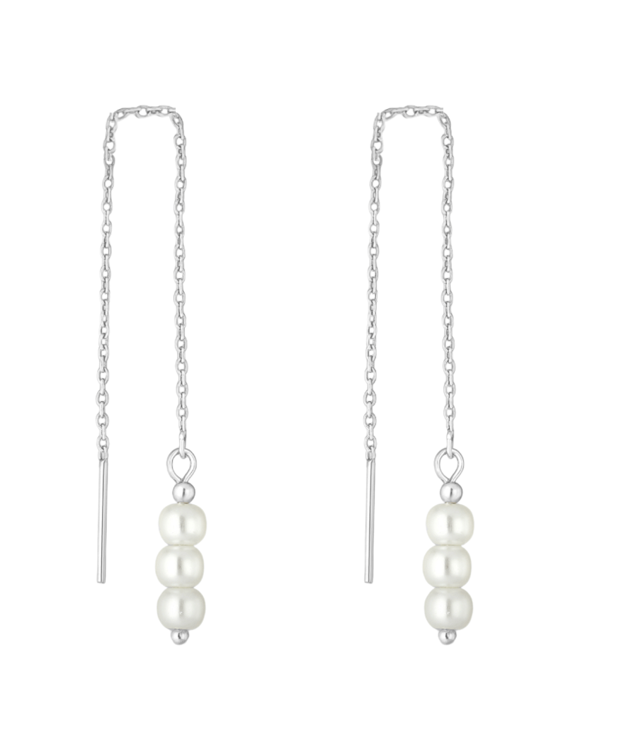 Sterling silver pearl threader earrings on white background, minimal ocean-inspired jewellery