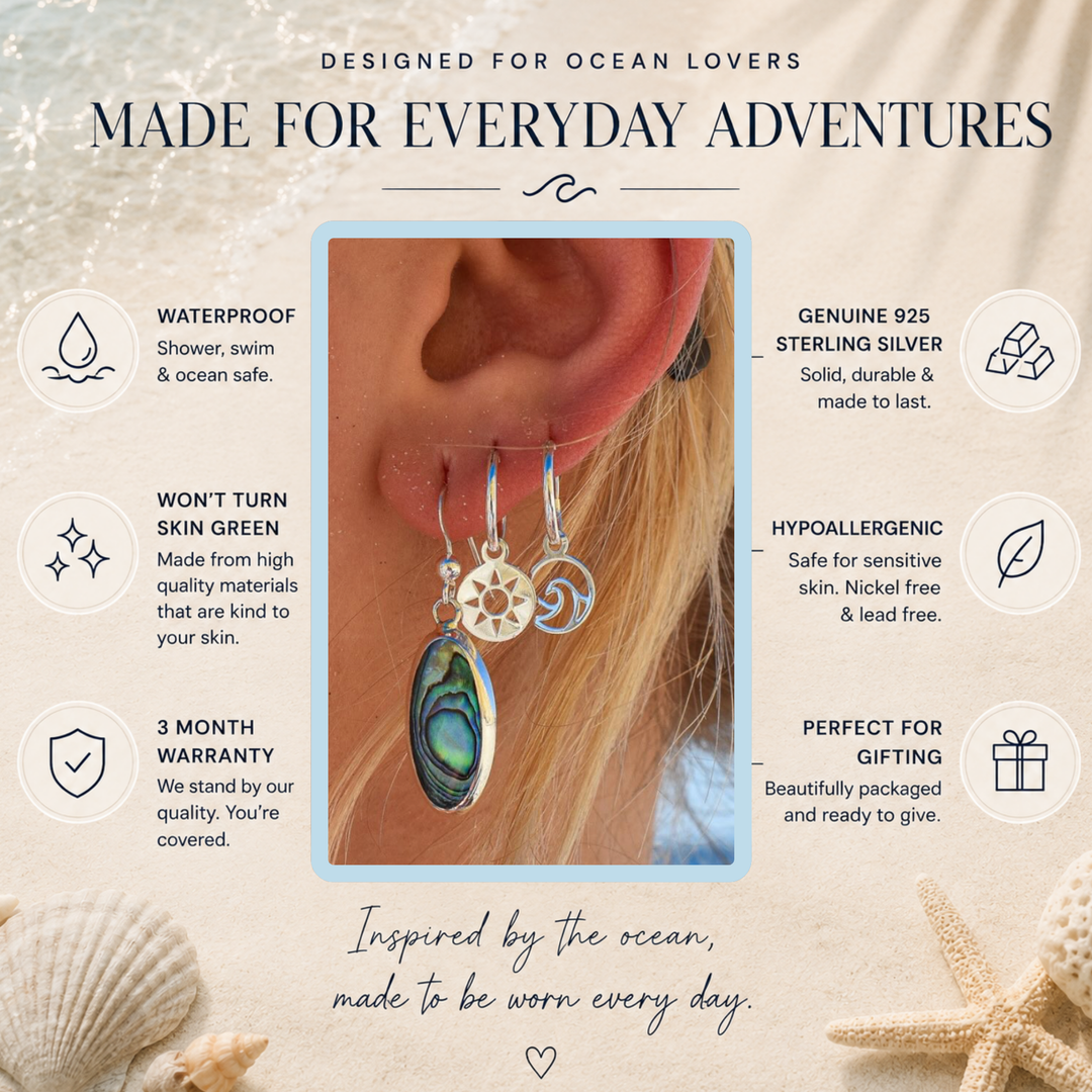 Sun and Wave Hoop Earrings – Waterproof Sterling Silver Sleepers