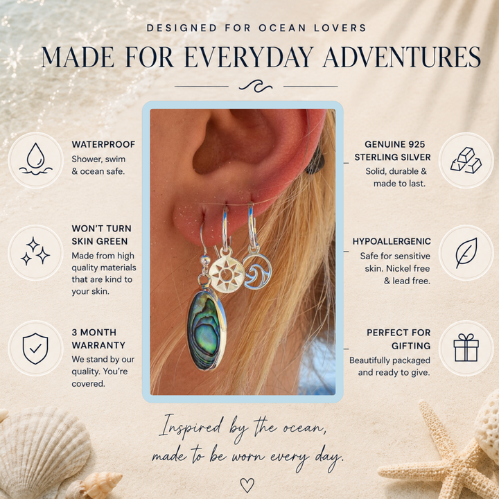 Sun and Wave Hoop Earrings – Waterproof Sterling Silver Sleepers