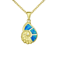 Load image into Gallery viewer, Gold Shell Necklace, Blue Opal Pendant, Seashell Charm, Ocean Jewellery for Her, sea life creature, coral reef charm, gold plated necklace