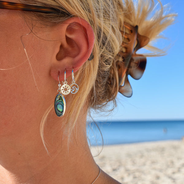abalone earrings, paua shell earrings, abalone jewellery, paua shell jewellery, ocean jewellery, silver earrings, wave hoops, sun earrings