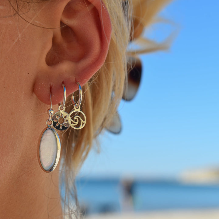 sun and wave hoops, sun earrings, wave earrings, ocean jewellery, ocean lover gift, silver earrings