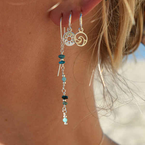 turquoise earrings, turquoise threaders, threaders, thread earrings, silver earrings, wave hoops, sun hoops