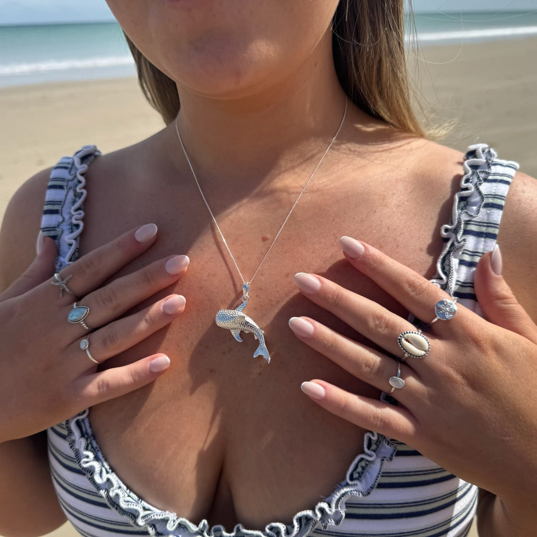 Delicate whale shark pendant necklace in solid 925 sterling silver.
