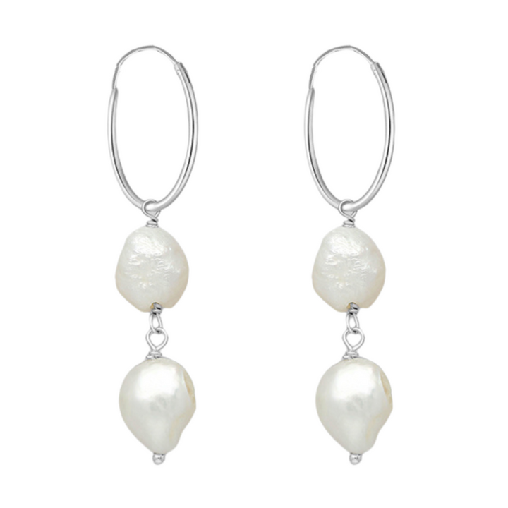 Sterling silver hoop earrings with freshwater pearls on white background