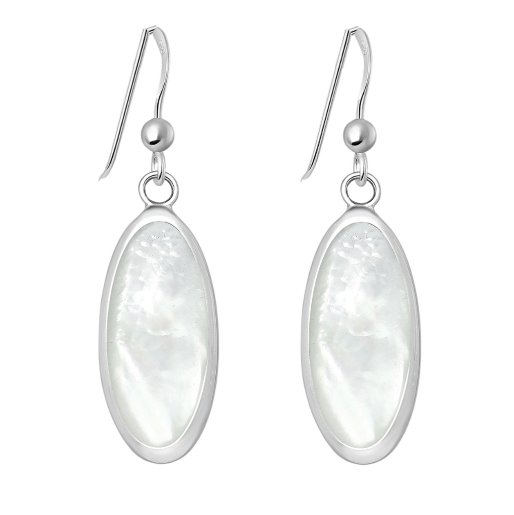 Sterling silver dangle earrings with oval-shaped mother of pearl inlay