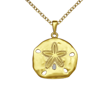 Load image into Gallery viewer, Gold Sand Dollar Necklace, Beach Necklace, Sand Dollar Jewellery, Gold Starfish Pendant, Mermaid Money, Shell Charm