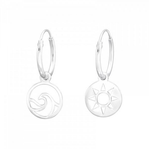 sun and wave hoops, sun earrings, wave earrings, ocean jewellery, ocean lover gift, silver earrings
