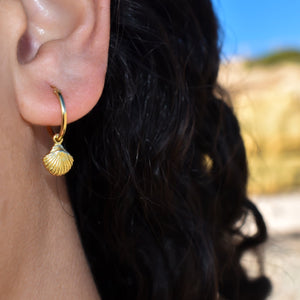 Seashell Hoop Earrings, Ocean Lover Gift, Beach Jewellery, Small Huggie Hoops, Gold Dainty Jewellery, Conch Shell, Cowrie Shell, Gold Earrings, Mermaid Jewellery, 
