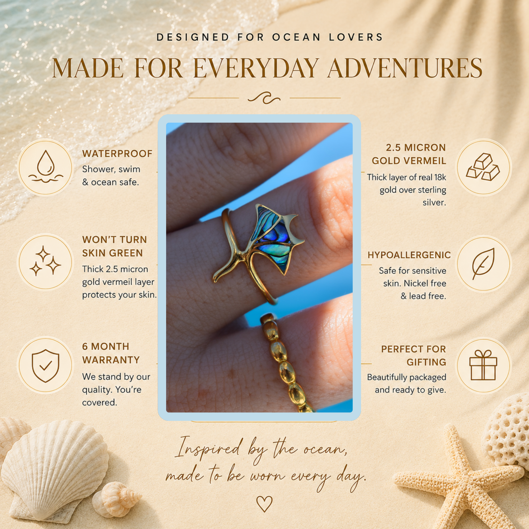 Manta Ray Ring with Abalone (Paua Shell) - Gold Vermeil