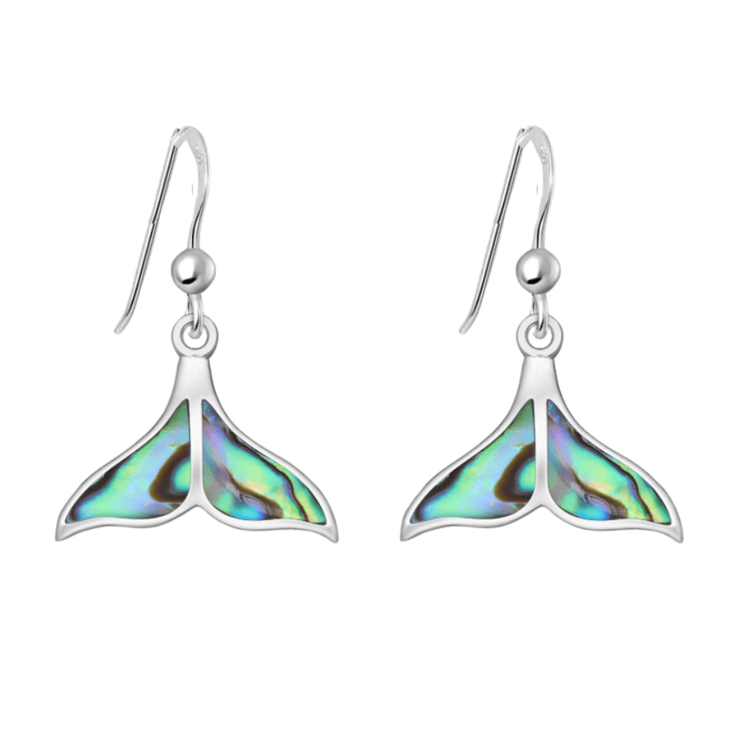 Sterling silver whale tail hook earrings with abalone shell inlay on white background