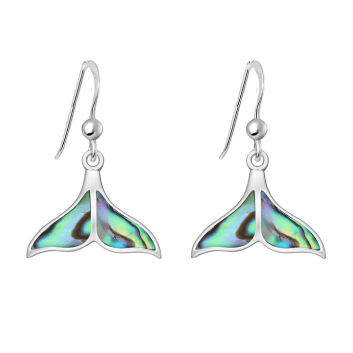 Sterling silver whale tail hook earrings with abalone shell inlay on white background