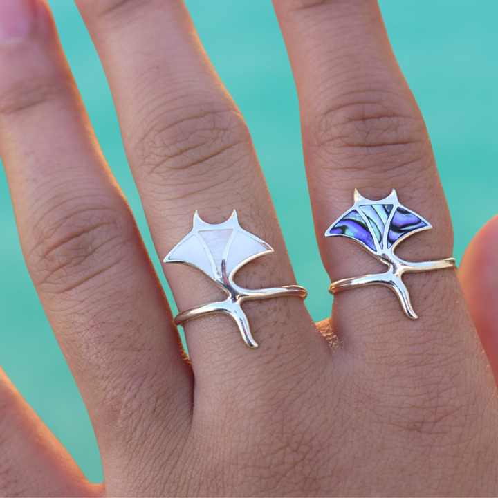 Sterling silver manta ray rings with Paua shell and mother of pearl stones, waterproof ocean jewellery.