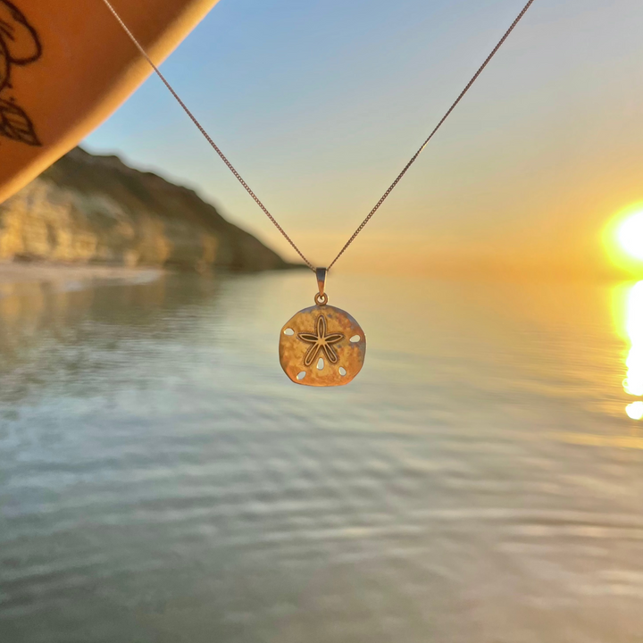 Ocean-themed sand dollar necklace photographed at sunset with coastal backdrop