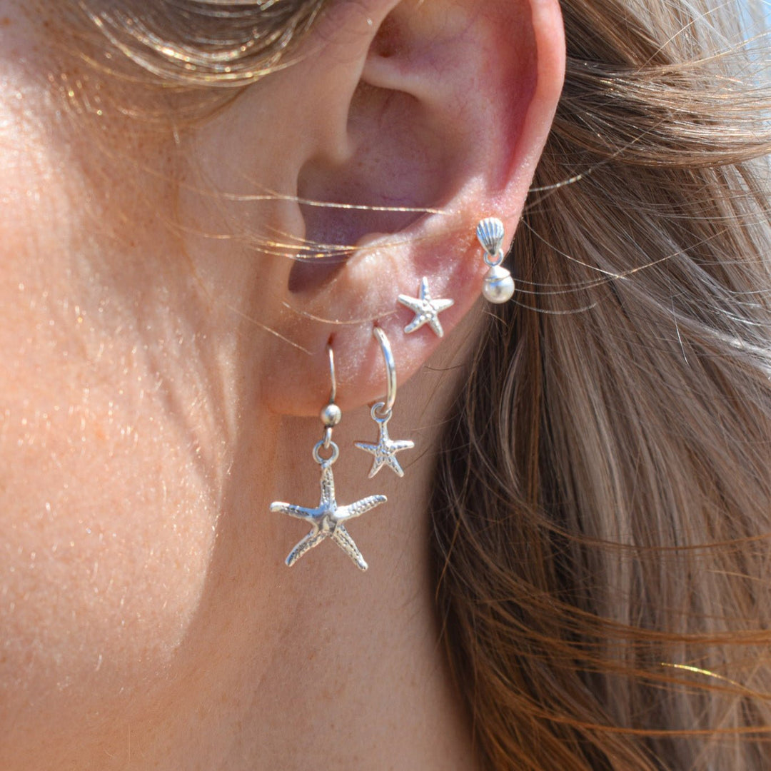 Dainty shell pearl stud earrings in waterproof sterling silver