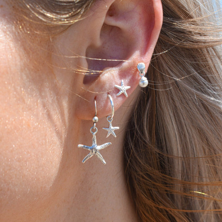 Dainty shell pearl stud earrings in waterproof sterling silver
