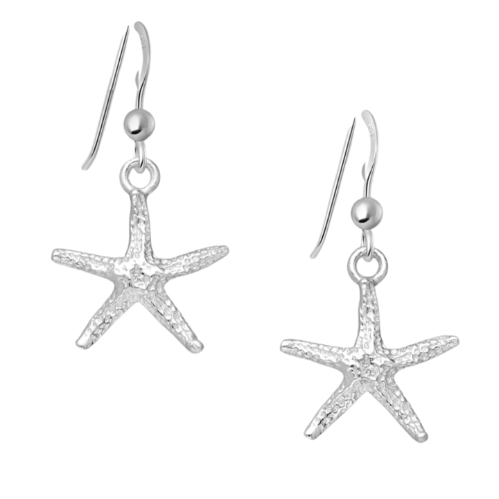 Sterling silver starfish hook earrings on white background, ocean-inspired jewellery