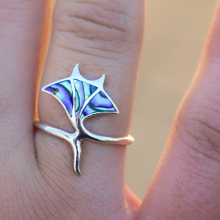 Sterling silver manta ray ring with Paua shell inlay, ocean-inspired statement jewellery piece.