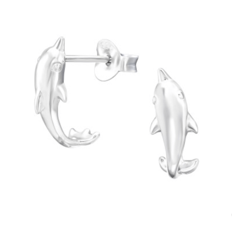 Sterling silver dolphin stud earrings on white background, ocean-inspired jewellery