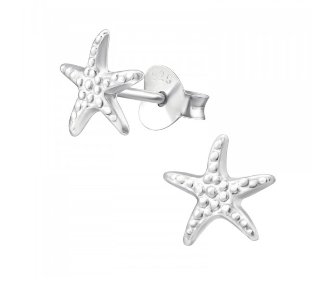 Sterling silver starfish stud earrings on white background, ocean-inspired jewellery

