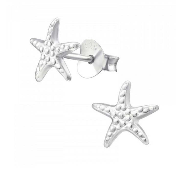 Sterling silver starfish stud earrings on white background, ocean-inspired jewellery
