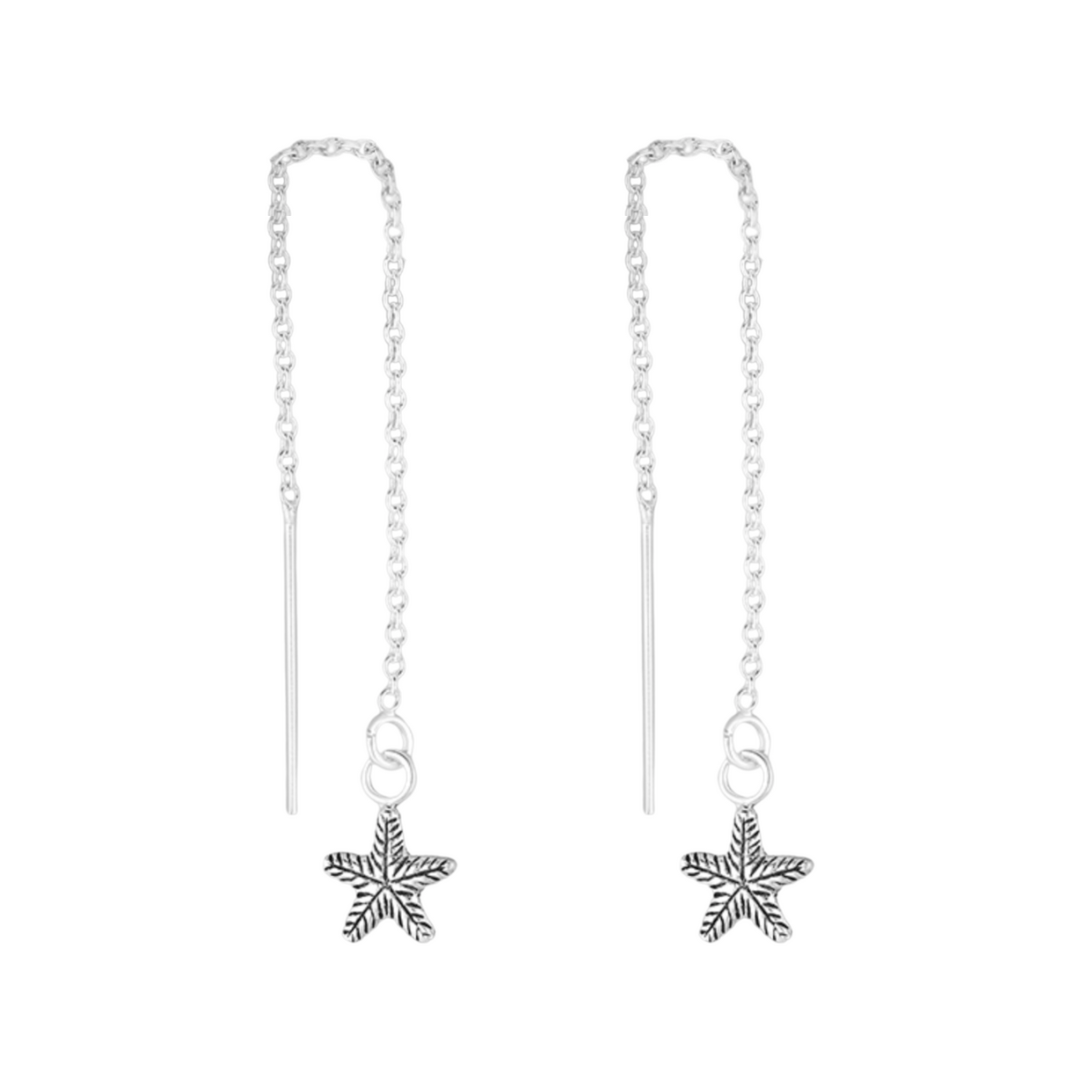 Sterling silver starfish threader earrings on white background, ocean-inspired jewellery"