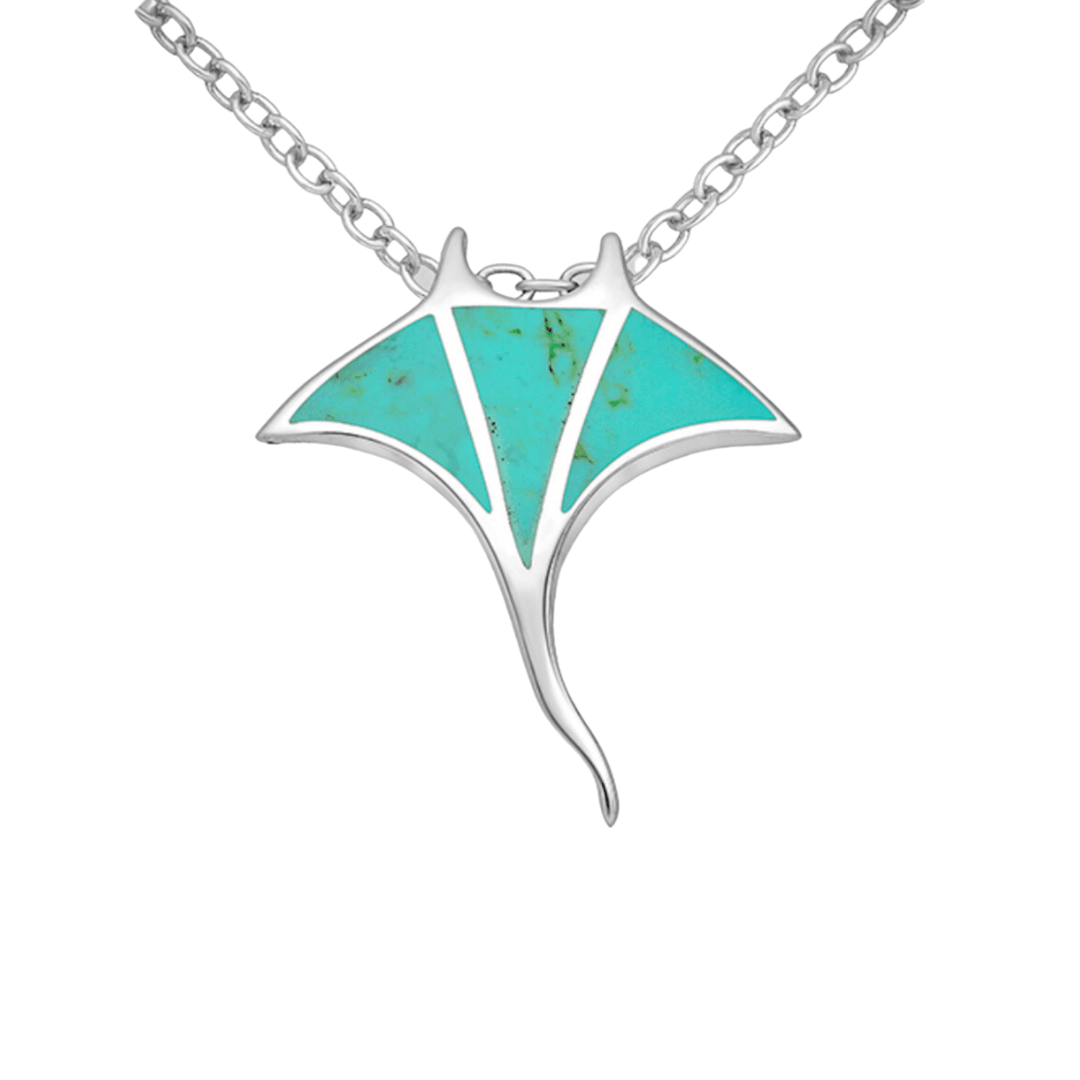 Sterling silver manta ray necklace with turquoise inlay on white background