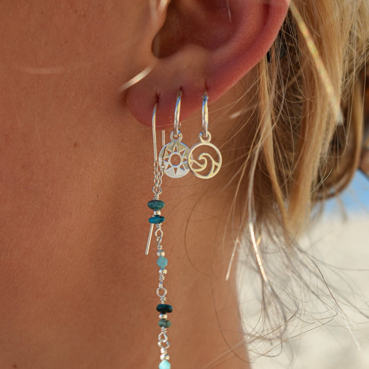 sun and wave hoops, sun earrings, wave earrings, ocean jewellery, ocean lover gift, silver earrings