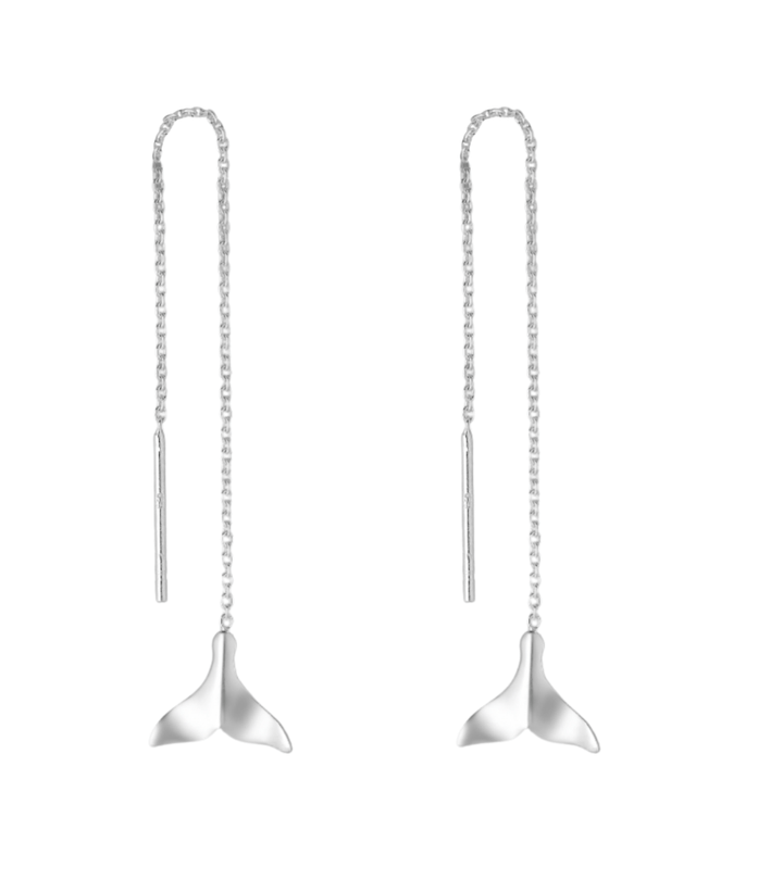 Sterling silver whale tail threader earrings on white background, ocean-inspired jewellery