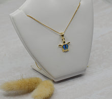 Load image into Gallery viewer, Gold Turtle Necklace, Blue Opal Pendant, Ocean Animal Jewellery, Sea Life Charm, Surfer Necklace, October Birthstone Gift