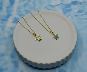 Gold Turtle Necklace, Blue Opal Pendant, Ocean Animal Jewellery, Sea Life Charm, Surfer Necklace, October Birthstone Gift