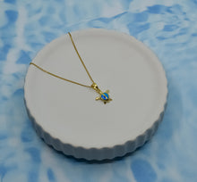 Load image into Gallery viewer, Gold Turtle Necklace, Blue Opal Pendant, Ocean Animal Jewellery, Sea Life Charm, Surfer Necklace, October Birthstone Gift