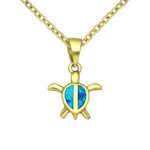 Gold Turtle Necklace, Blue Opal Pendant, Ocean Animal Jewellery, Sea Life Charm, Surfer Necklace, October Birthstone Gift