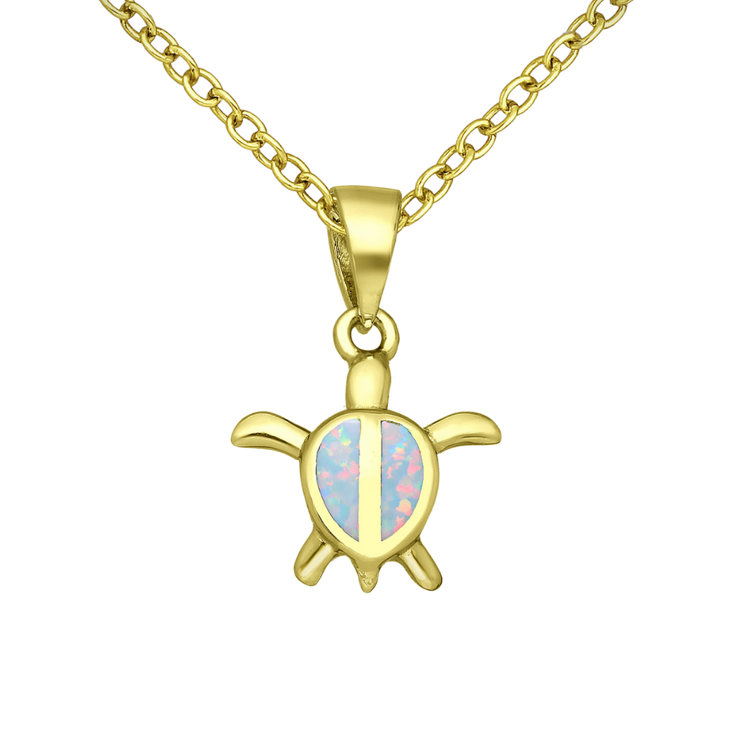 Gold Turtle Necklace, White Opal Pendant, Ocean Animal Jewellery, Sea Life Charm, Surfer Necklace, October Birthstone Gift