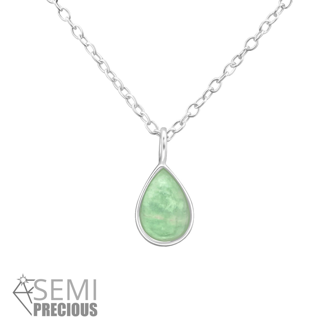 Sterling silver pear-shaped necklace with amazonite gemstone on white background