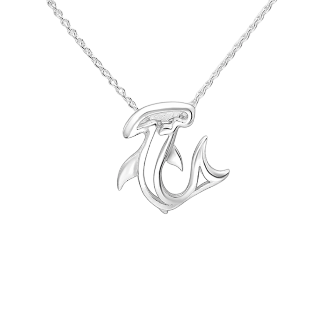 Sterling silver hammerhead shark necklace on white background, ocean-inspired pendant