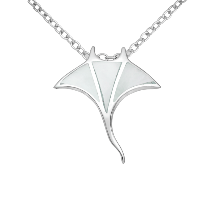 Sterling silver manta ray necklace with mother of pearl inlay on white background
