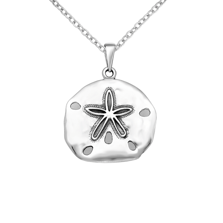 Sterling silver sand dollar necklace on white background, ocean-inspired pendant"