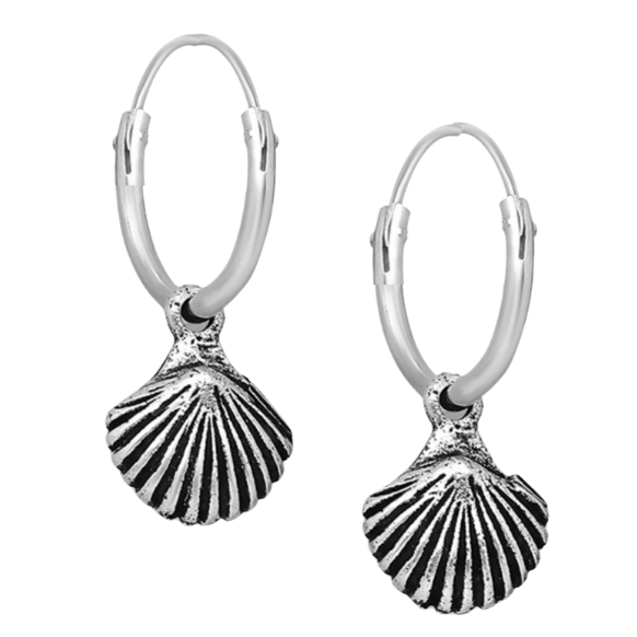 Sterling silver seashell hoop earrings on white background, ocean-inspired jewellery
