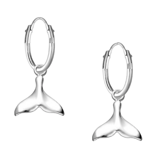 Sterling silver whale tail hoop earrings on white background, ocean-inspired jewellery