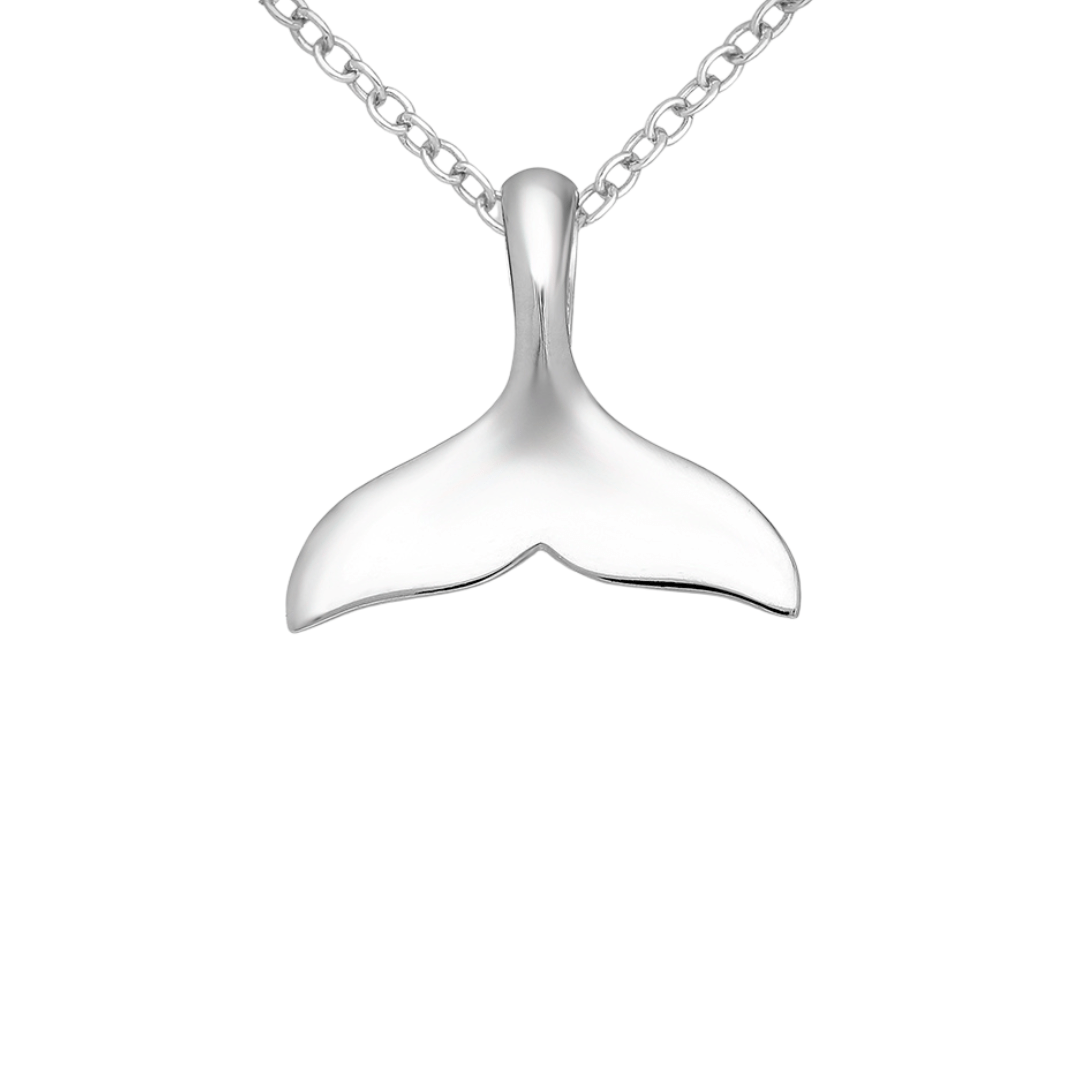 Sterling silver whale tail necklace on white background, ocean-inspired jewellery"