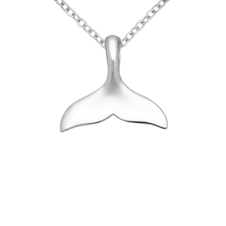 Sterling silver whale tail necklace on white background, ocean-inspired jewellery"