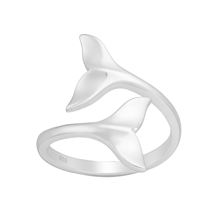 Sterling silver whale tail ring on white background, ocean-inspired jewellery design