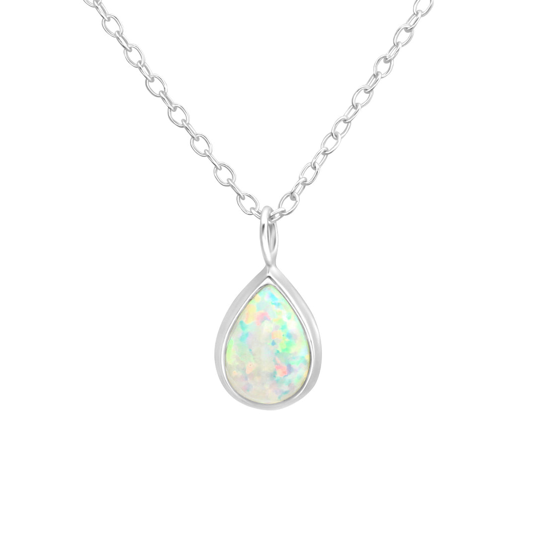 Sterling silver pear-shaped necklace with lab-grown white opal on white background
