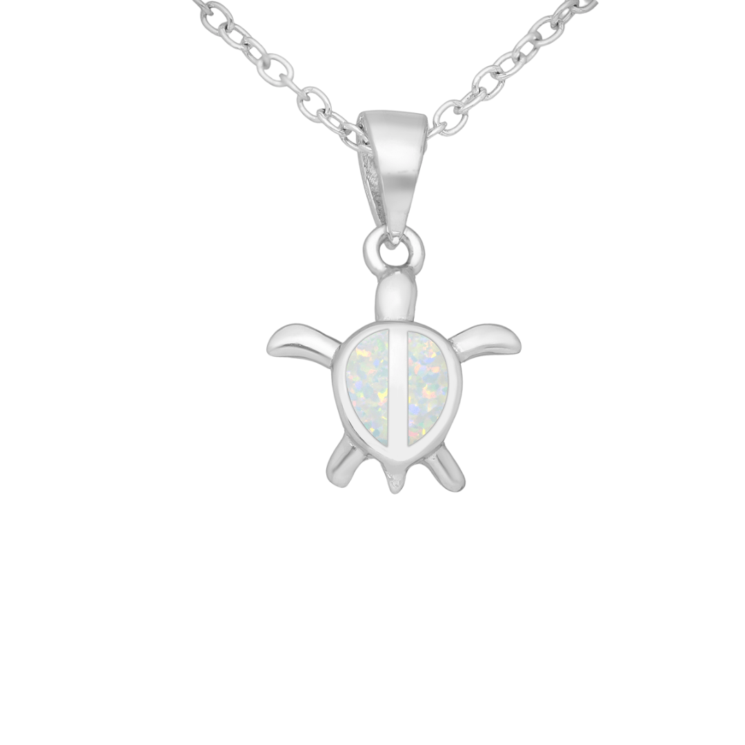 Sterling silver turtle necklace with lab-grown white opal on white background