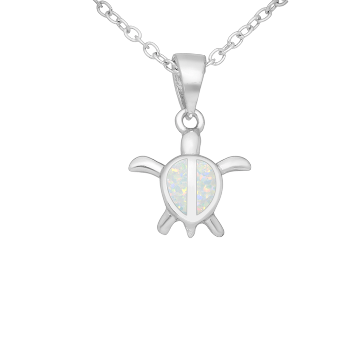 Sterling silver turtle necklace with lab-grown white opal on white background